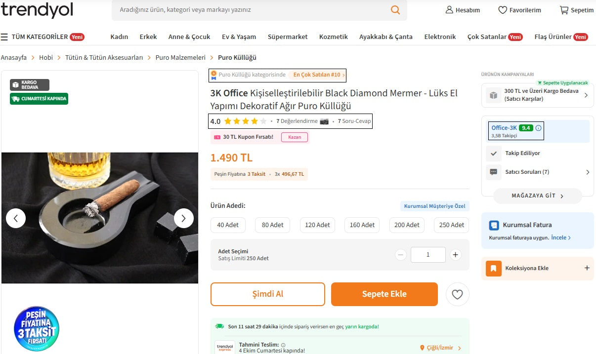 Kişiye Özel El Yapımı Mermer Küllük - 2 Renk Seçeneği ile Şık ve Kişiselleştirilebilir Tasarım