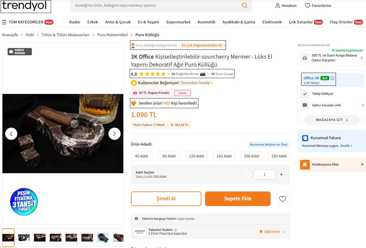 Kişiye Özel El Yapımı Mermer Küllük - 2 Renk Seçeneği ile Şık ve Kişiselleştirilebilir Tasarım